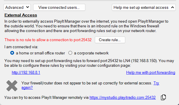 Configure PlayIt Manager Server, External Access section