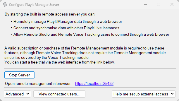 Configure PlayIt Manager Server window with the server started