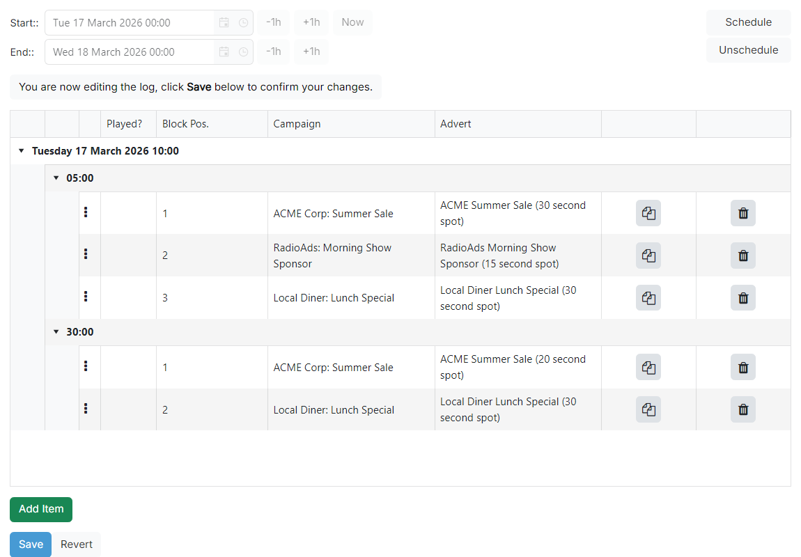 The advert log page