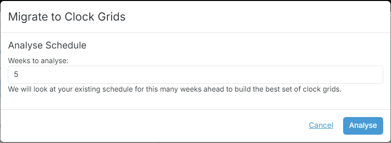 The Migrate to Clock Grids wizard on its Analyse Schedule step