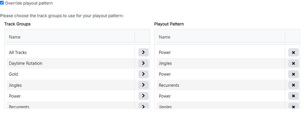 The Playout Pattern tab of the clock editor, showing the ticked Override playout pattern checkbox above a two-panel track group picker