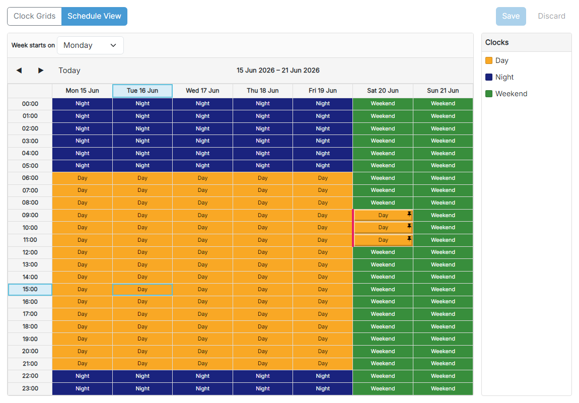 The Scheduling Clocks page in the Schedule View