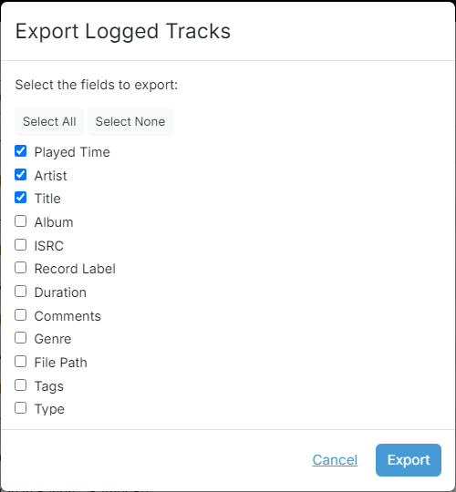 A dialog listing the fields that can be included in the exported CSV file, with checkboxes and Select All, Select None, Cancel and Export buttons