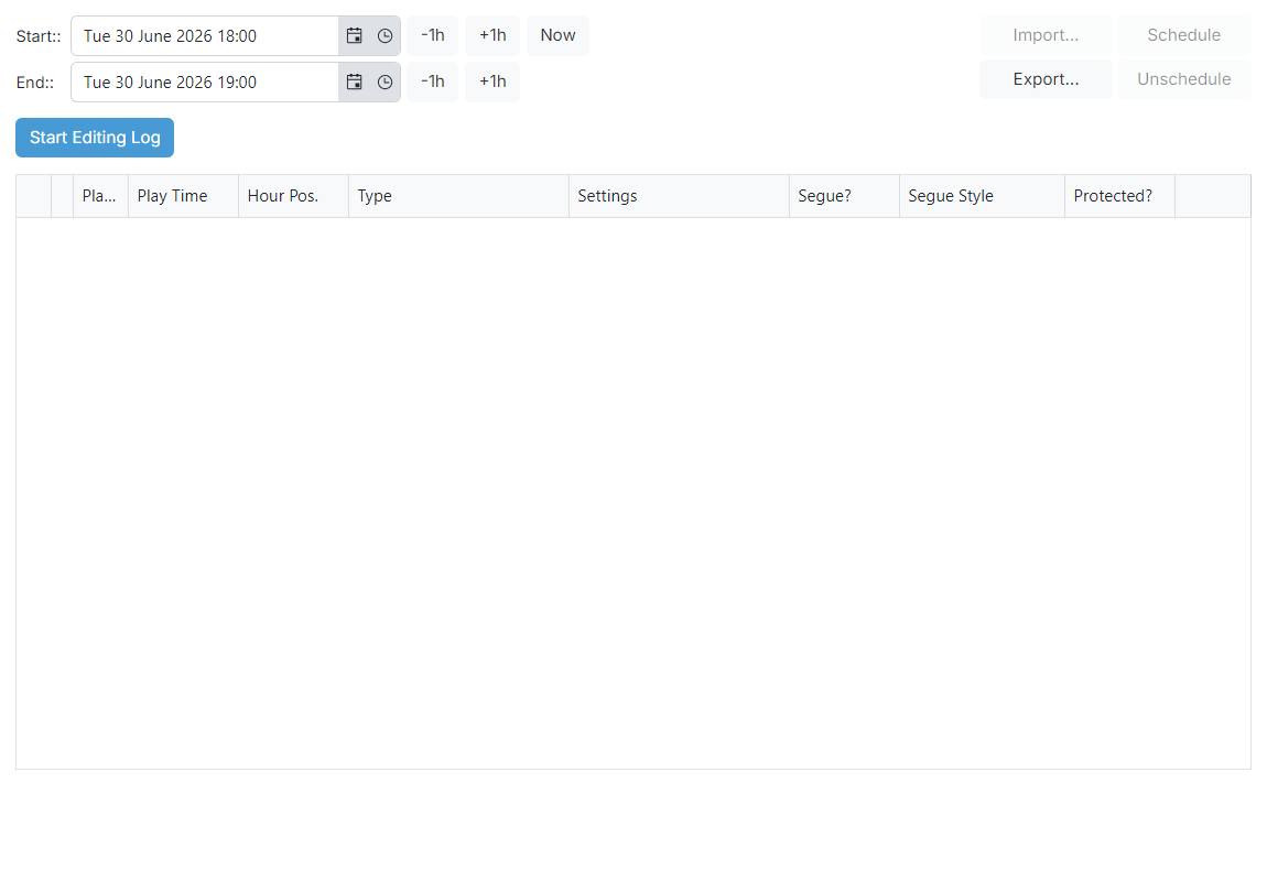 The date range and Start Editing Log controls at the top of the Playout Log page