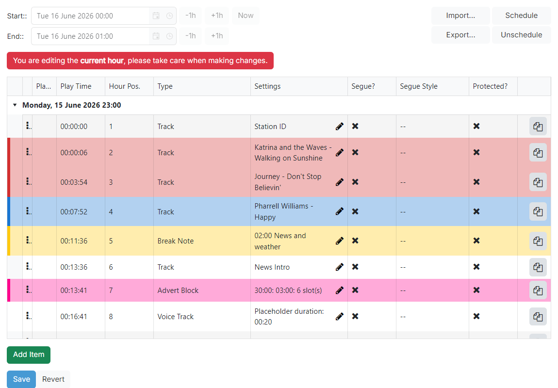 The Playout Log page in editing mode