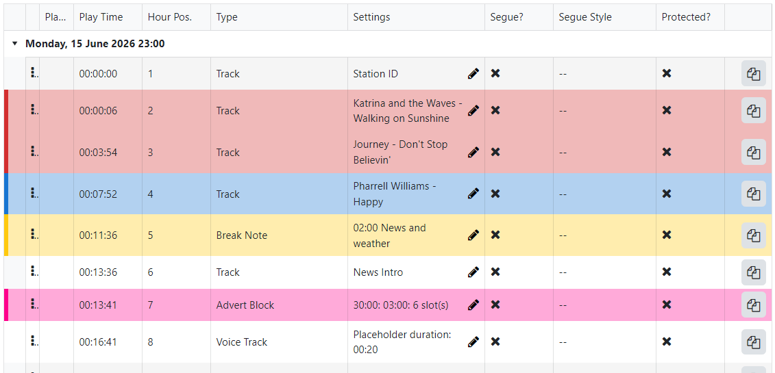 Playout log item list