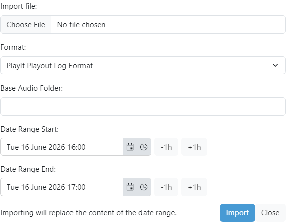 The Import Playout Log popup
