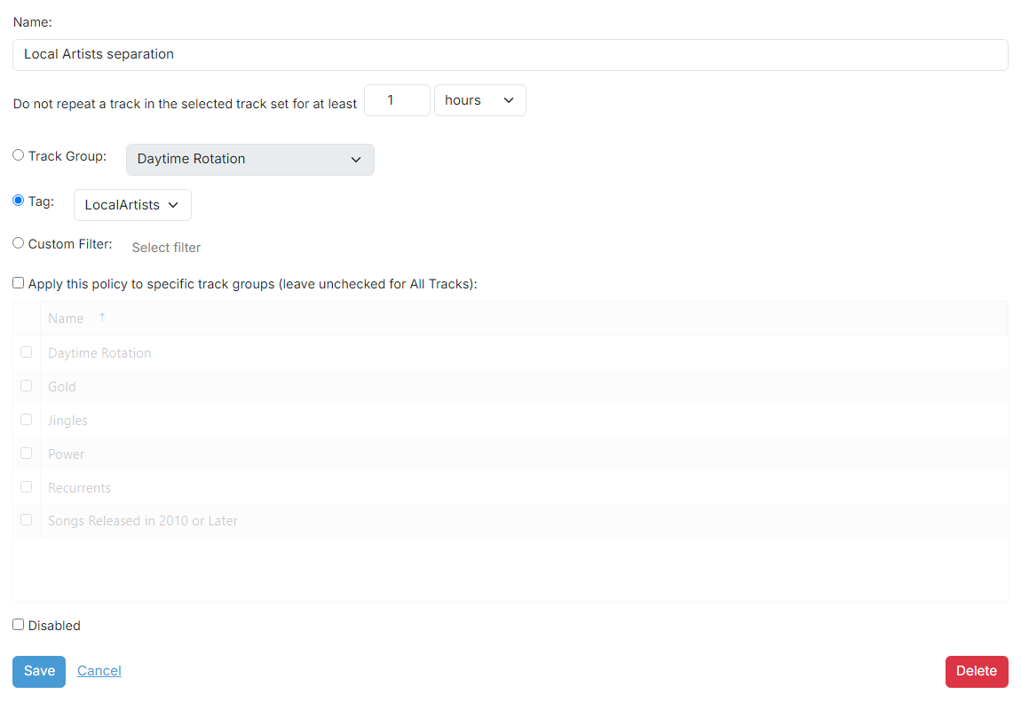 The Edit Track Set Separation Playout Policy page