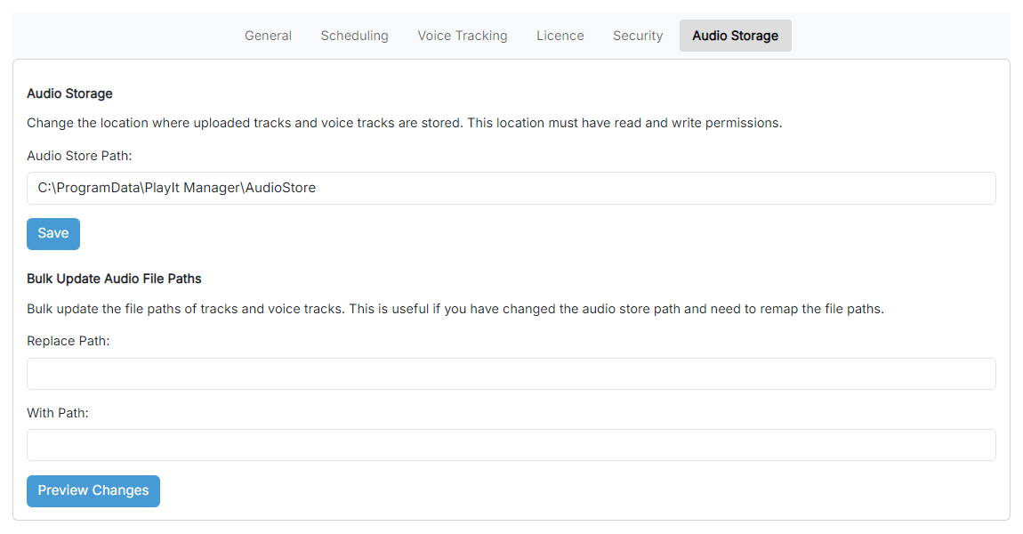 The Audio Storage Settings page