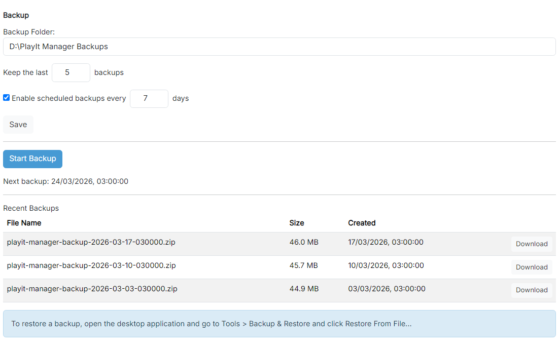 The Backup page showing the backup folder, retention and scheduling settings, the Start Backup button and a list of recent backups.