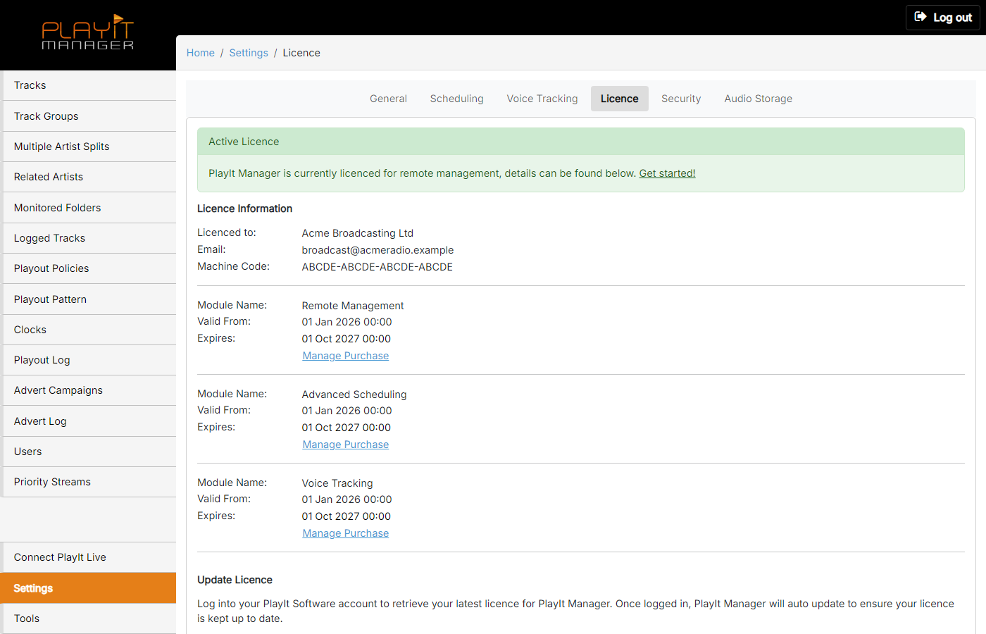 Settings Licence page after successful activation