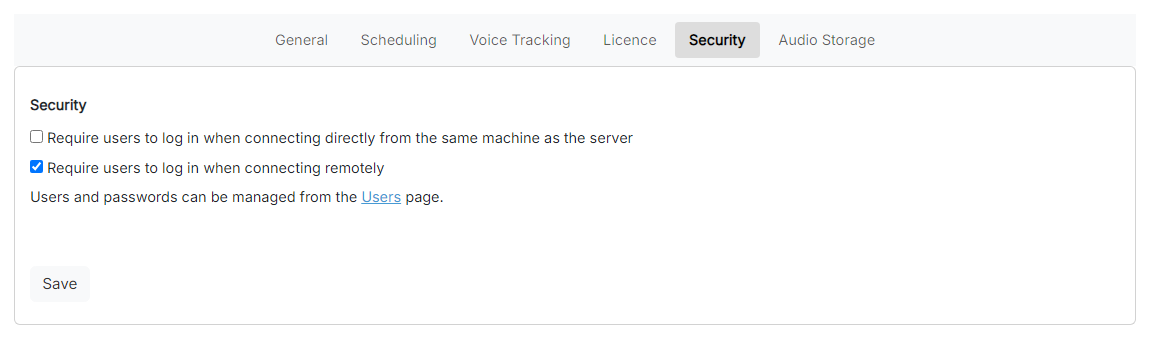 The Security Settings page