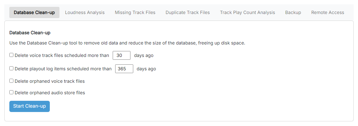 The Database Clean-up page
