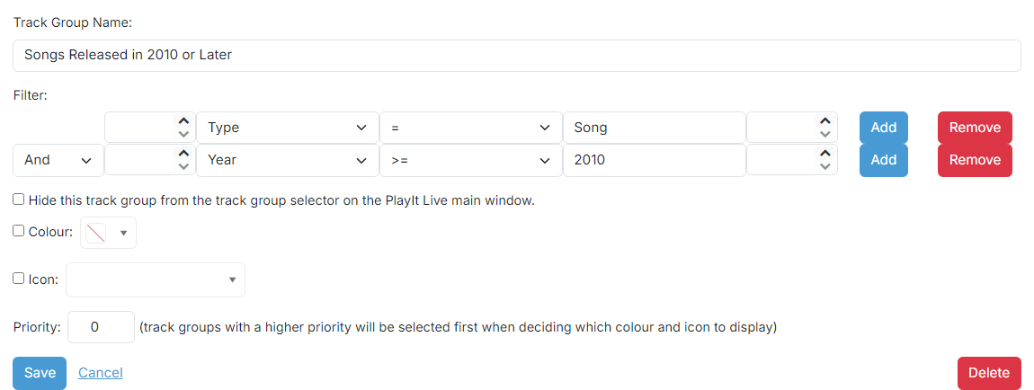 The Filtered Track Group edit page