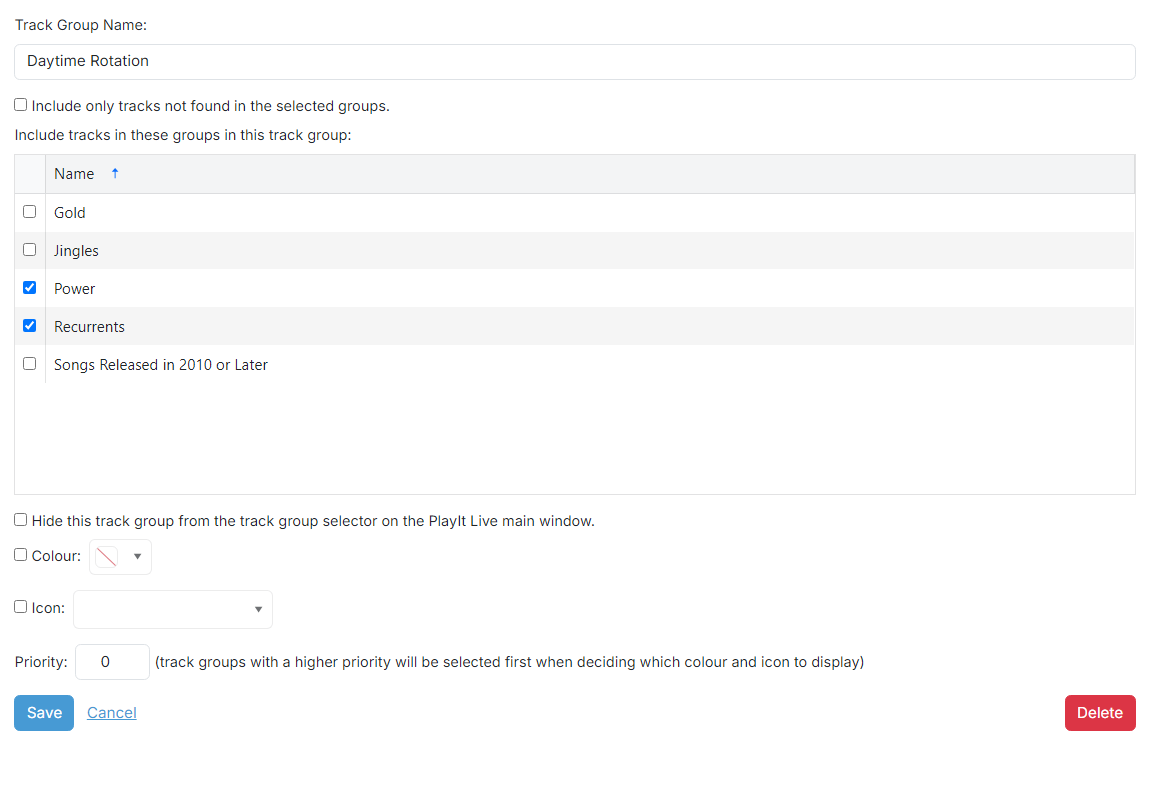 The Grouped Track Group edit page