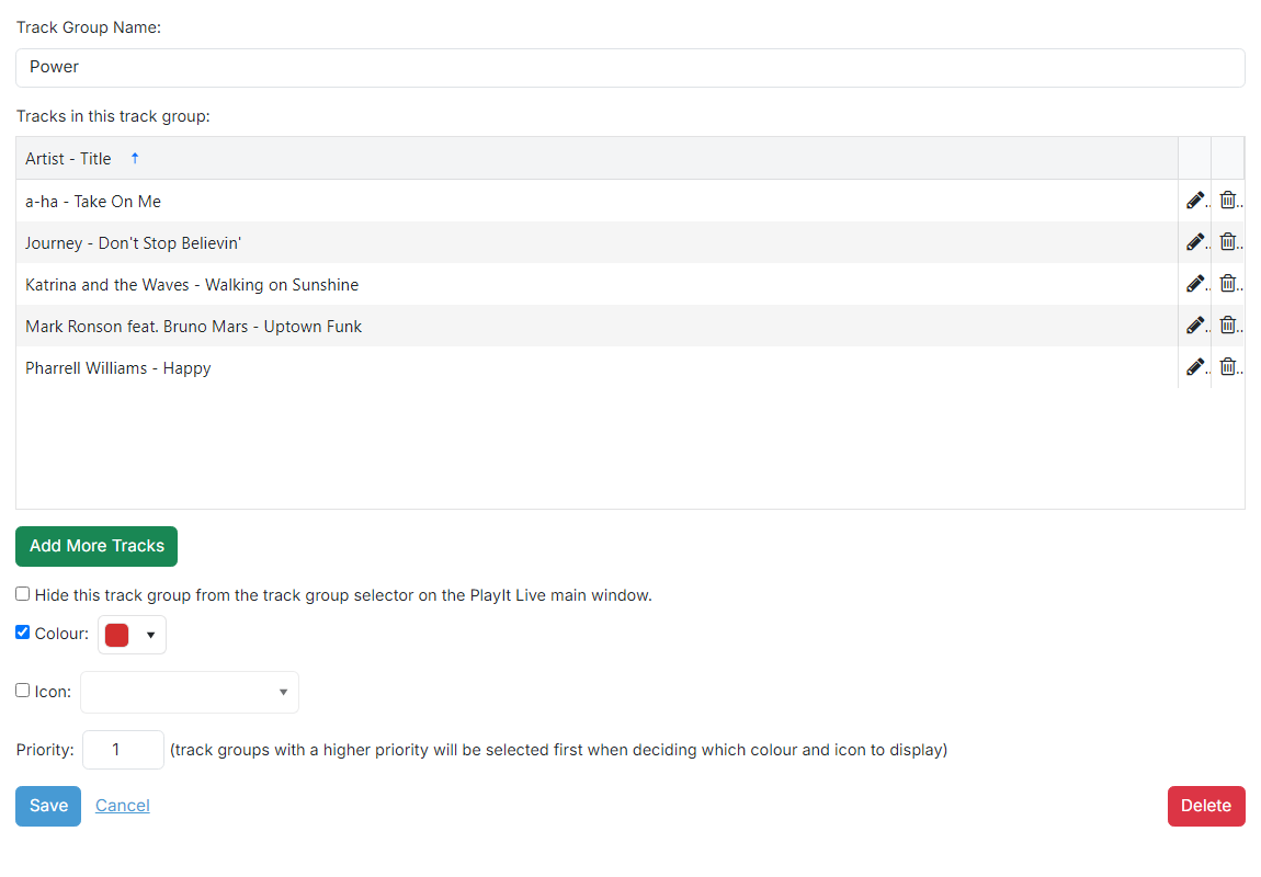 The Listed Track Group edit page
