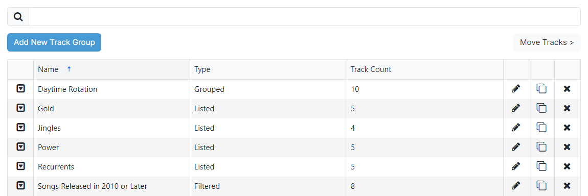 The Listing Track Groups page