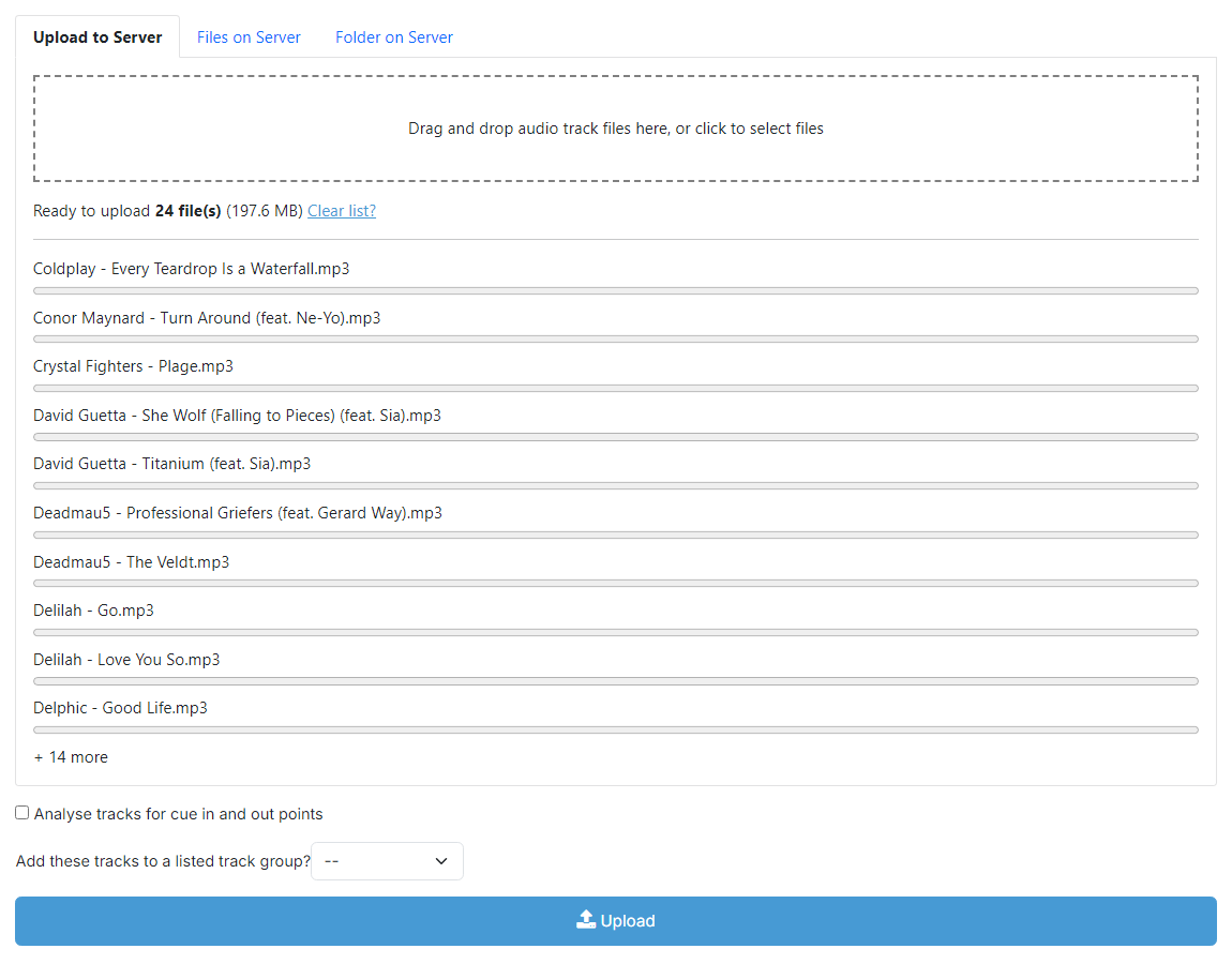 The Add Tracks page with files queued for upload