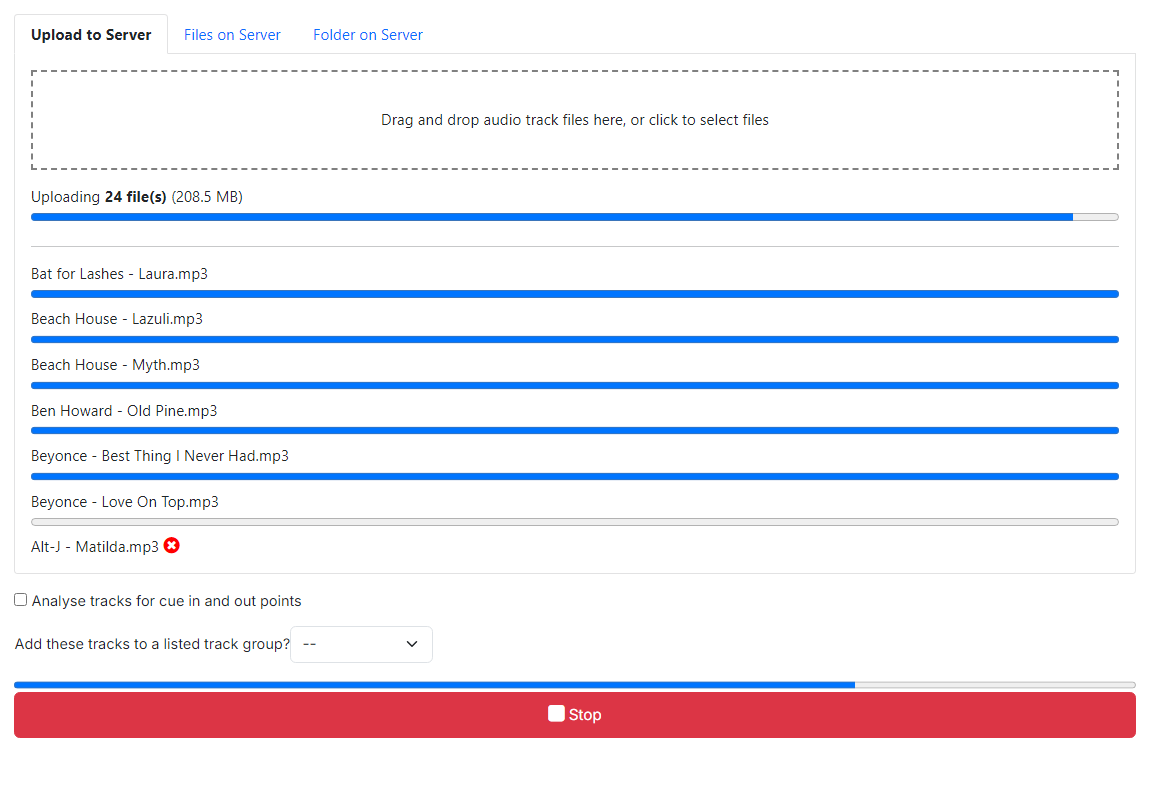 The Add Tracks page with files mid-upload