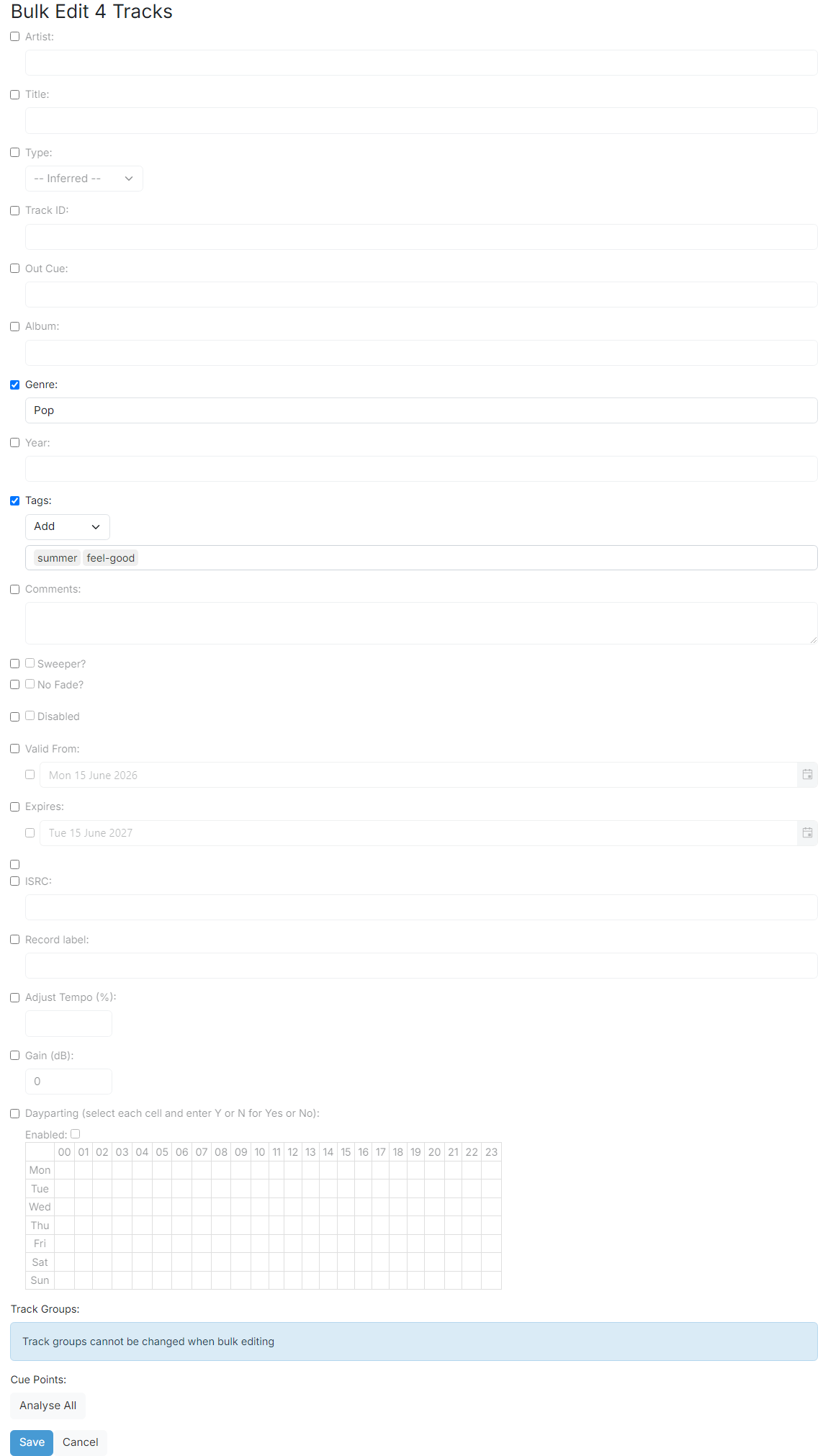 The bulk edit page with the Genre field ticked and set