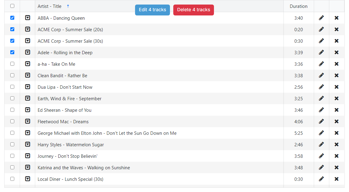 The track list with several tracks ticked and the selection bar showing an Edit button