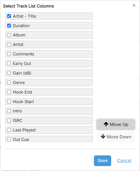 A panel titled Select Track List Columns showing a scrollable list of column names, each with a checkbox. Artist - Title and Duration are ticked at the top of the list. Move Up and Move Down buttons sit to the right, with Save and Cancel buttons along the bottom.