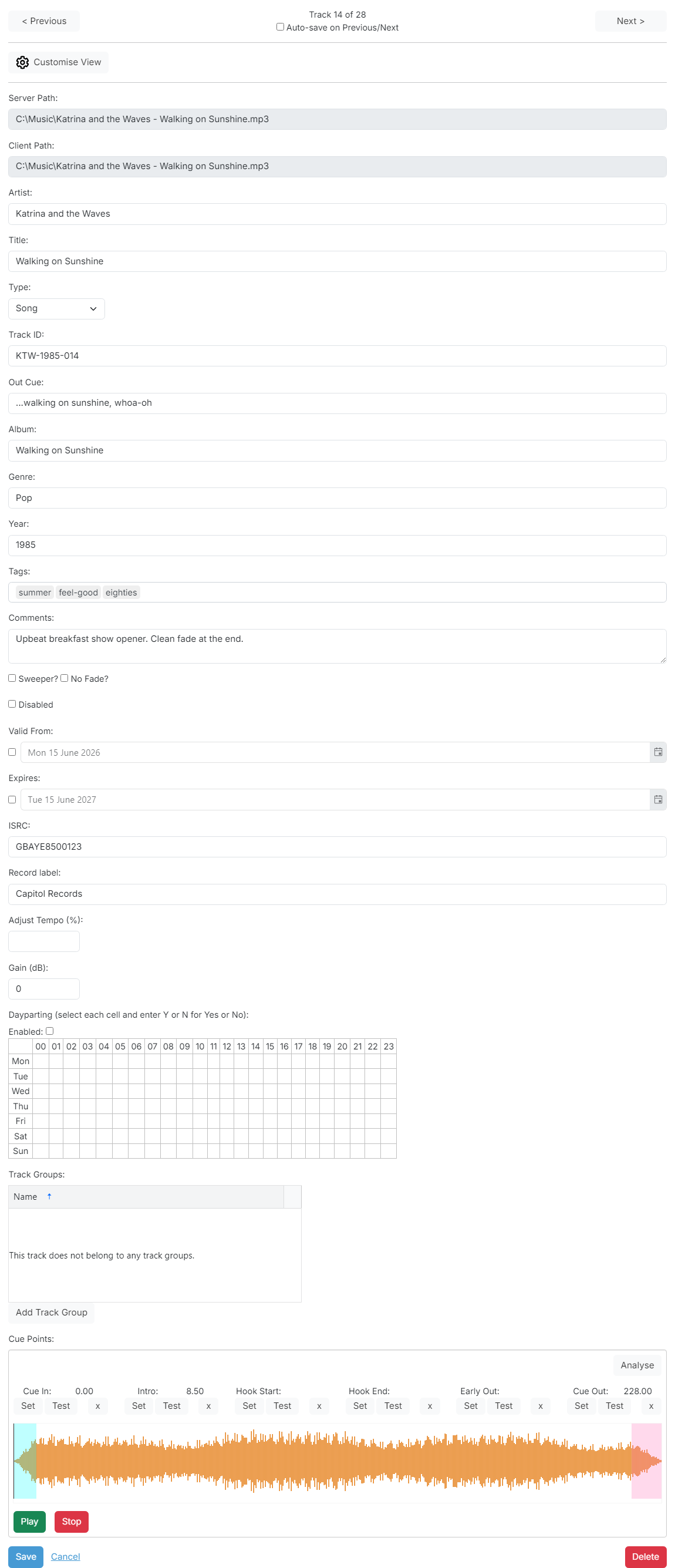 The Edit Track page
