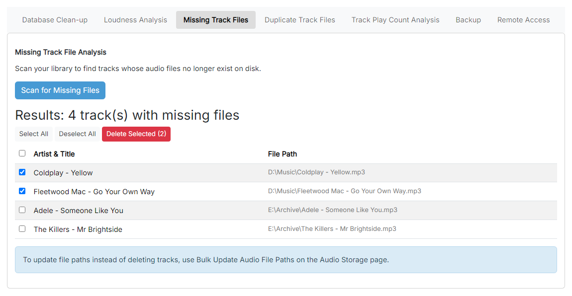 The missing track file scan results table with several rows selected and the Delete Selected button visible