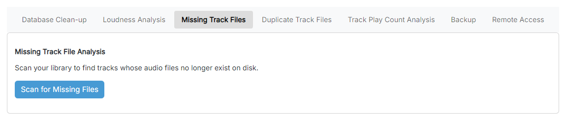 The Missing Track File Analysis page with the Scan for Missing Files button