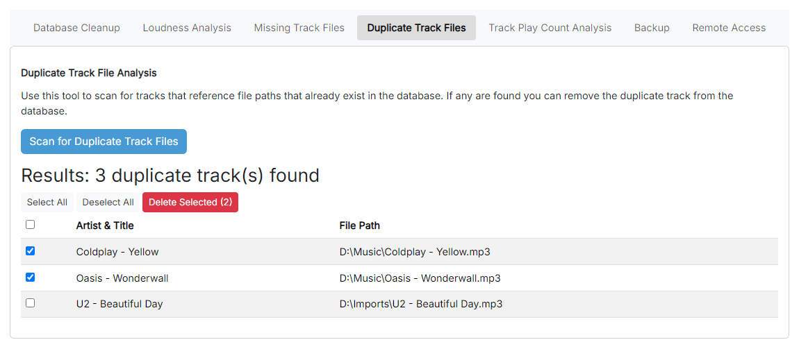 The duplicate track file scan results table with several rows selected and the Delete Selected button visible