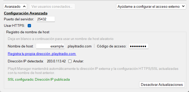 Configurar el servidor PlayIt Manager, sección de Configuración Avanzada