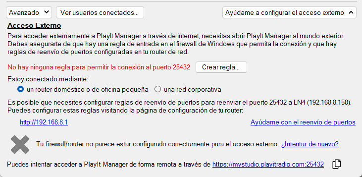 Configurar el servidor de PlayIt Manager, sección de Acceso Externo