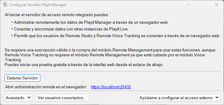 Ventana «Configurar Servidor PlayIt Manager» con el servidor iniciado