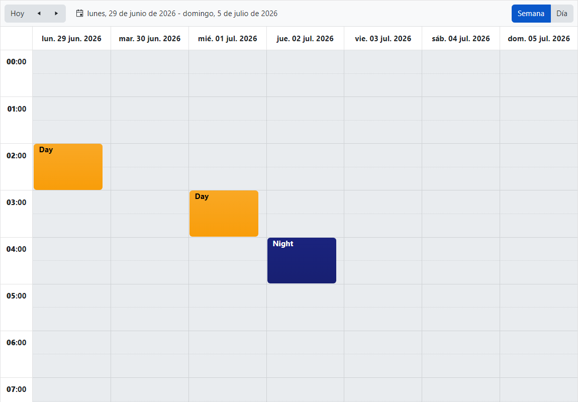 La página de Programación de clocks en la vista de calendario semanal antiguo
