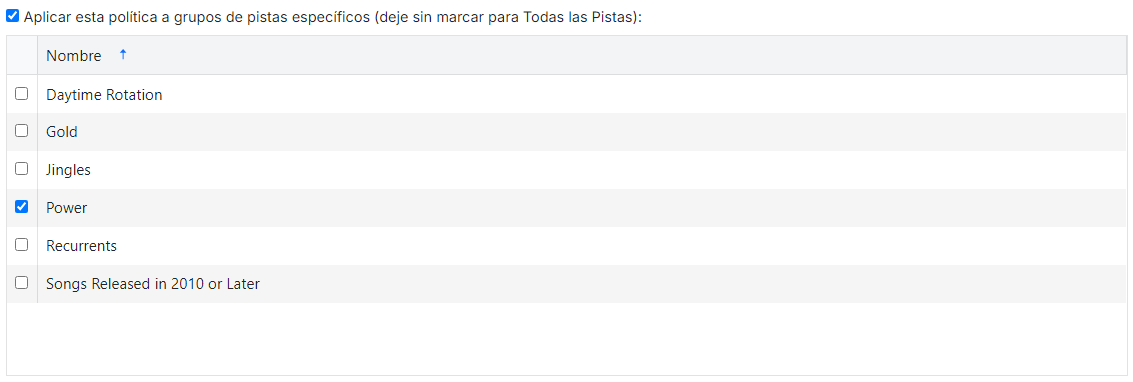 Casilla de verificación Aplicar a grupos de pistas específicos