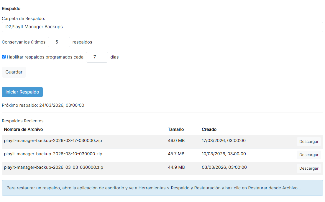 La página de Respaldo que muestra la carpeta de respaldo, la configuración de retención y programación, el botón Iniciar Respaldo y una lista de respaldos recientes.