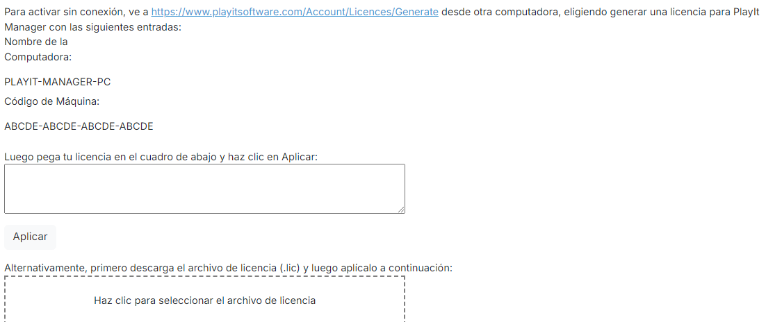 Formulario de activación sin conexión
