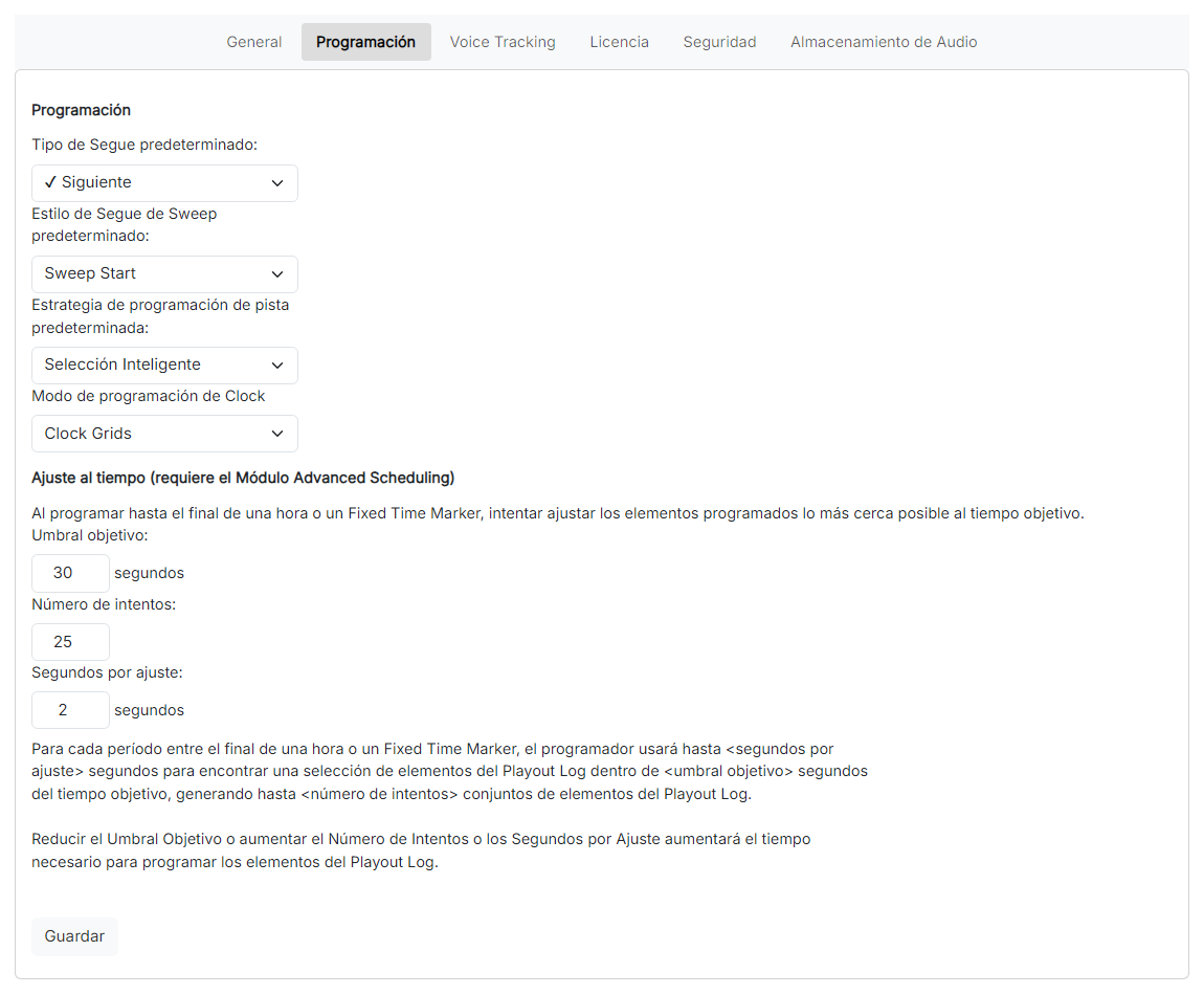 La página de Configuración de programación