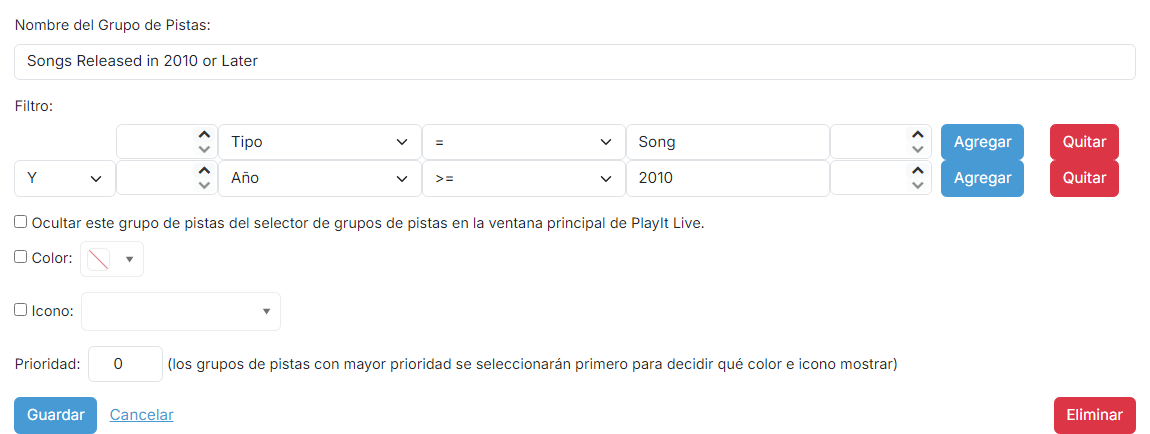 La página de edición del grupo de pistas filtrado