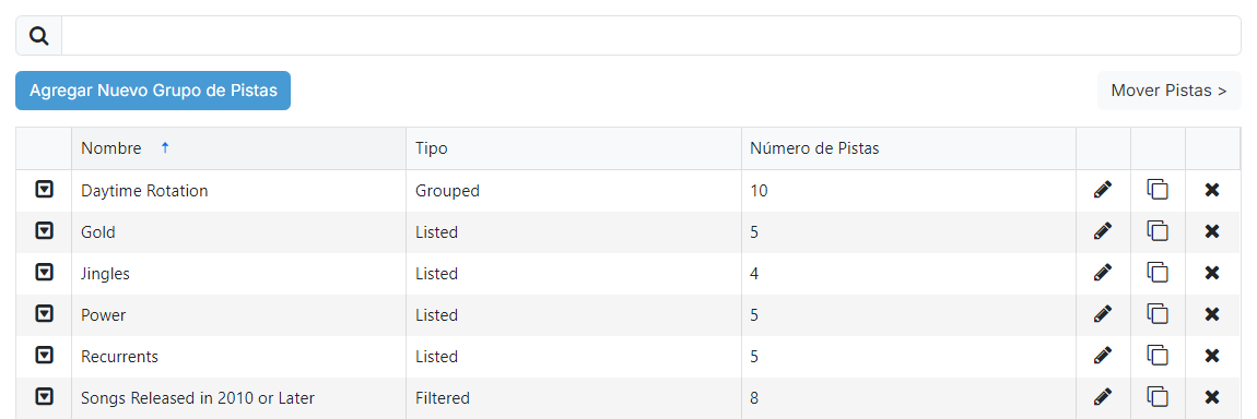La página de Listado de Grupos de Pistas