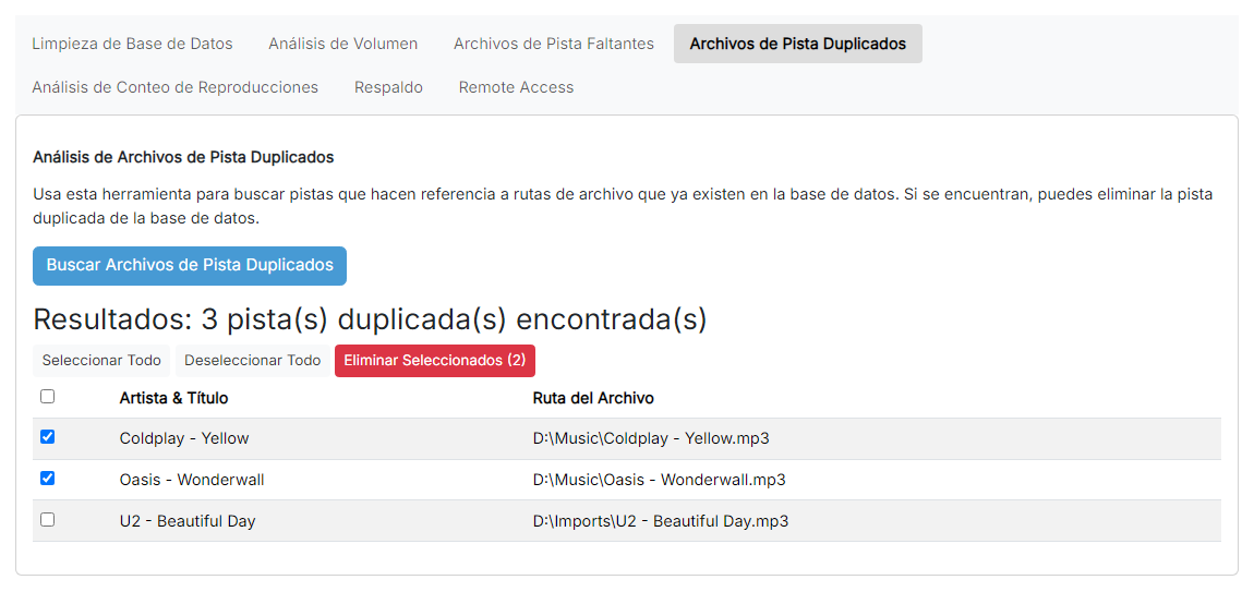La tabla de resultados del análisis de archivos de pista duplicados con varias filas seleccionadas y el botón «Eliminar Seleccionados» visible