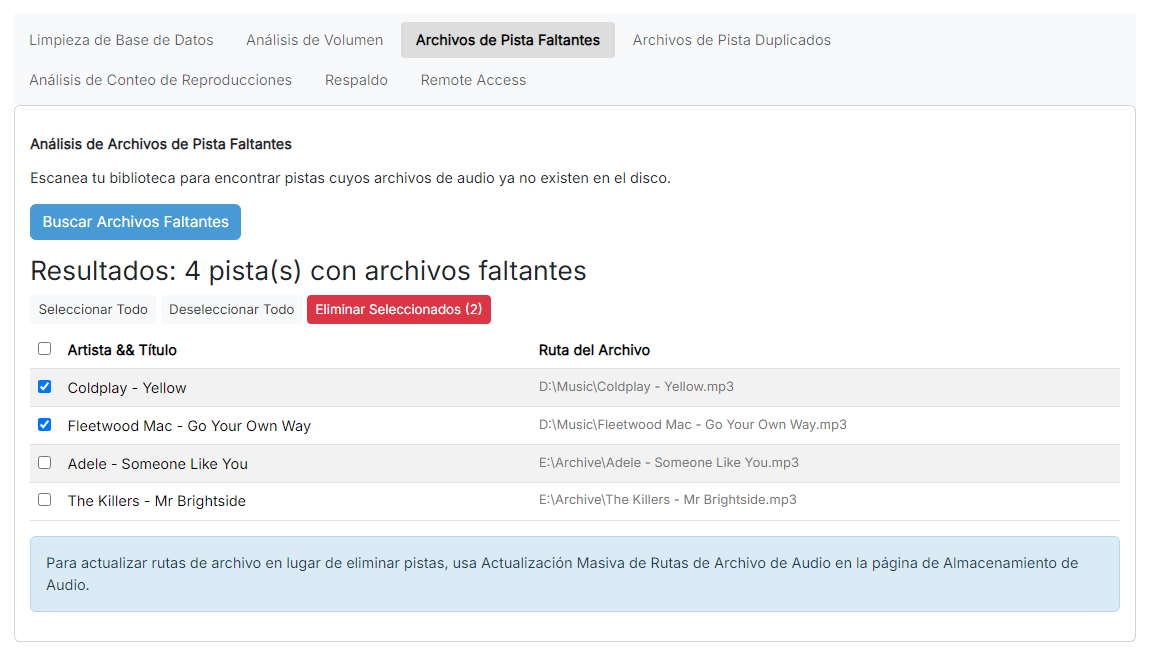 La tabla de resultados del análisis de archivos de pista faltantes con varias filas seleccionadas y el botón Eliminar Seleccionados visible