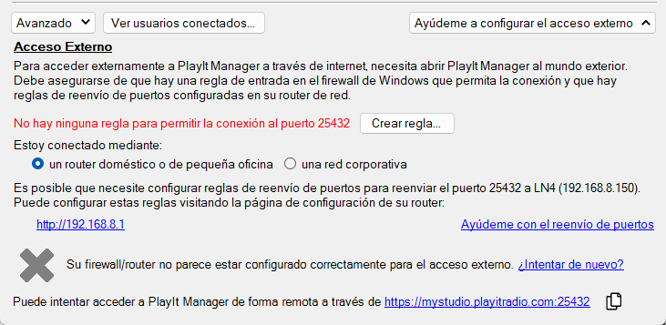 Configurar el servidor de PlayIt Manager, sección de Acceso Externo