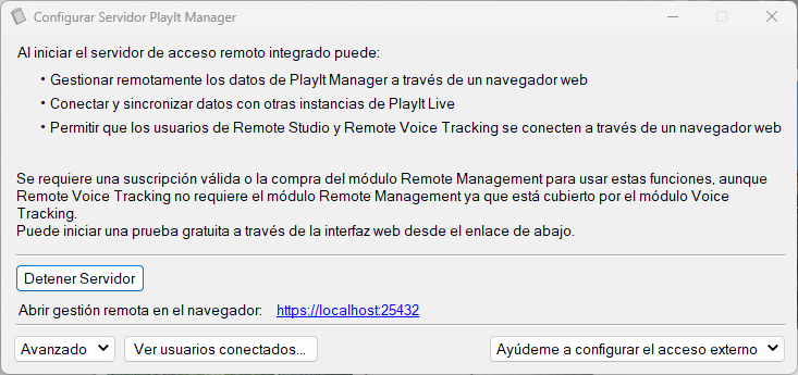 Ventana «Configurar Servidor PlayIt Manager» con el servidor iniciado