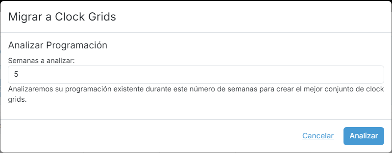 El asistente «Migrar a Clock Grids» en su paso «Analizar Programación»