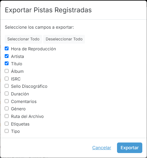 Un cuadro de diálogo que enumera los campos que pueden incluirse en el archivo CSV exportado, con casillas de verificación y los botones Seleccionar Todo, Deseleccionar Todo, Cancelar y Exportar