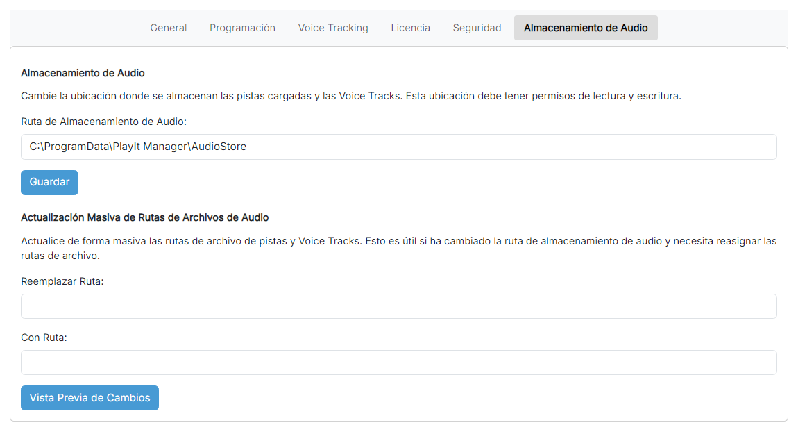 La página de configuración de almacenamiento de audio