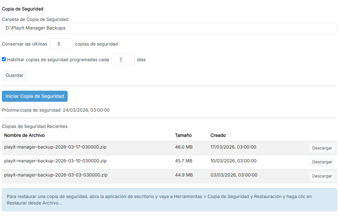 La página de Copia de Seguridad que muestra la carpeta de copia de seguridad, la configuración de retención y programación, el botón Iniciar Copia de Seguridad y una lista de copias de seguridad recientes.