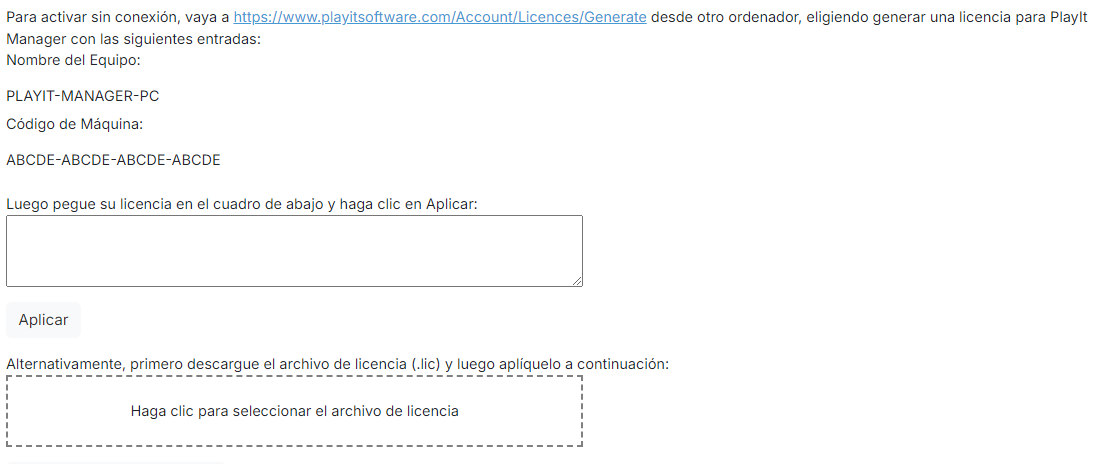 Formulario de activación sin conexión