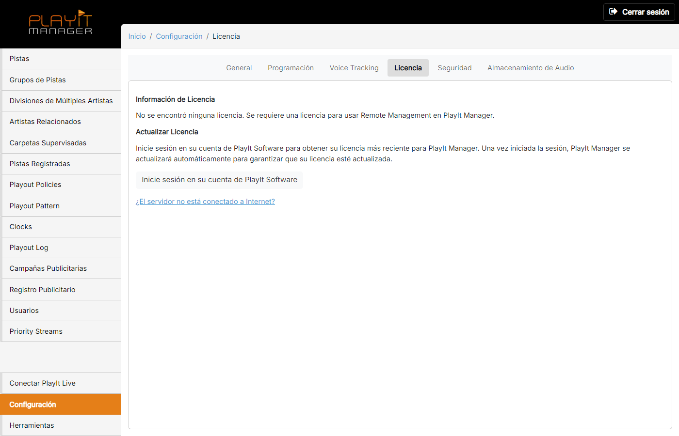 Página Configuración Licencia